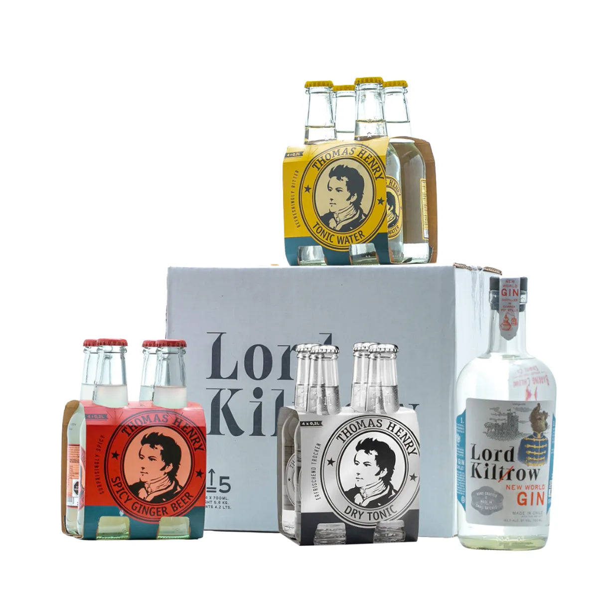 6 Botellas De Gin Lord Kiltrow + 6 packs de 4 Thomas Henry (2 packs de tónica, 2 packs de tónica light y 2 packs de ginger beer)